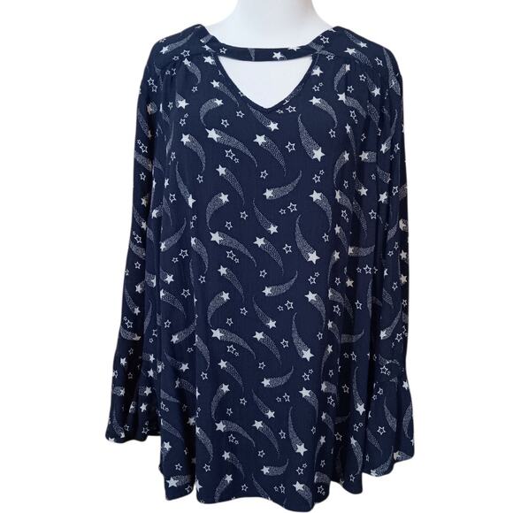 LANE‎ BRYANT Long Tunic Top Blouse Plus 18-2X Flowy Flutter Pockets Stars Blue - Picture 10 of 11